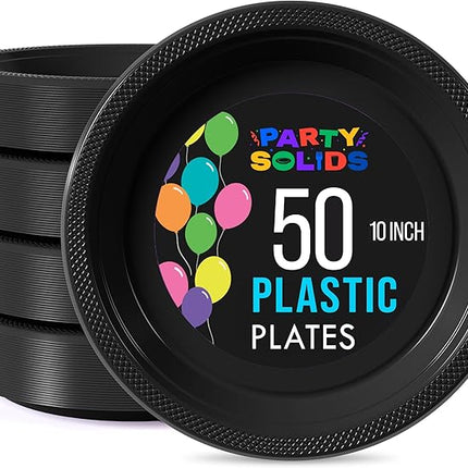 Exquisite Party Solids Black Plastic Plates For Party Supplies 10" Black Disposable Plates Heavy Duty 50 Pcs Plastic Dinnerware Sets Heavy Duty 350 GSM Disposable Dinnerware Set
