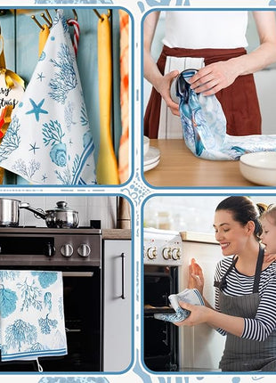 Boyiee Set of 6 Beach Kitchen Towels Coastal Ocean Dish Towels Sea Nautical Tea Towels Absorbent 24 x 16 Inches Shell Coral Starfish Hand Towels Summer Gifts for Farmhouse Kitchen Bathroom Decorations