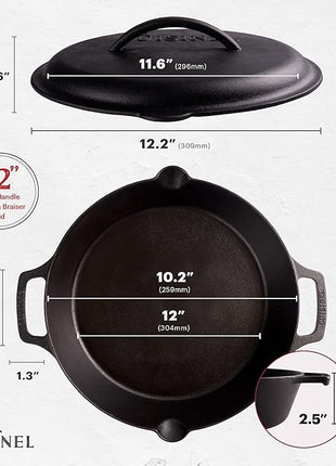 Cast Iron Skillet with Cast Iron Lid - 12"-Inch Dual Handle Frying Pan + Pan Scraper + Silicone Handle Holder Covers - Pre-Seasoned Oven Cookware - Use Indoor/Outdoor, Grill, Stovetop, Induction