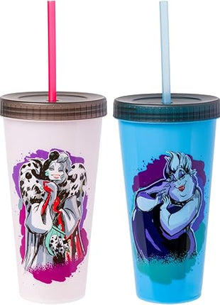 Silver Buffalo Disney Villains 4 pack Color Change Plastic Tumbler Featuring The Evil Queen, Cruella De Vil, Ursula, and Maleficent, 24 Ounces