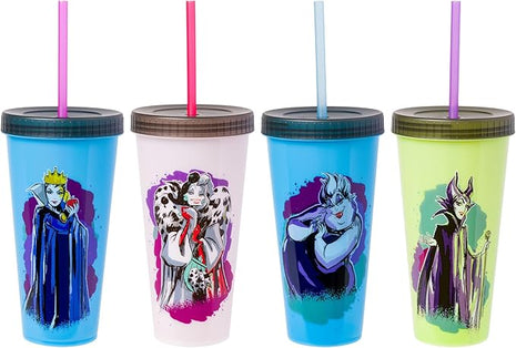 Silver Buffalo Disney Villains 4 pack Color Change Plastic Tumbler Featuring The Evil Queen, Cruella De Vil, Ursula, and Maleficent, 24 Ounces