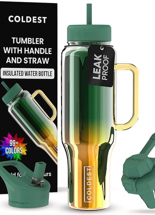 Coldest Tumbler with Handle and Straw - 100% Spill Proof Tumbler with Straw (3 Lids) - Stainless Steel Insulated Leakproof Tumblers for Women & Men - Cup Holder Friendly - 46 oz (Atlantean Nova)