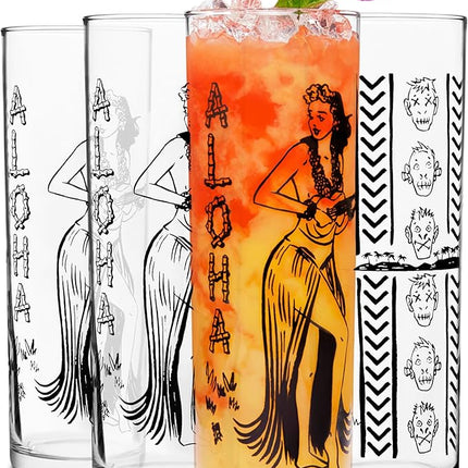 Libbey Zombie Clear Glass Tumbler Set, Vintage-Style Tiki Drinking Glasses Set of 4, Exotic, Tall Drinking Glass Cups for Backyard Luau or Pool Party