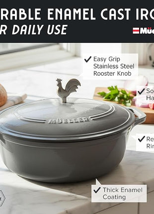 MUELLER HOME 5.5 Quart Enameled Cast Iron Oval Dutch Oven with Rooster Knob & Cotton Potholders, Heavy-Duty Cookware, Oven-Safe up to 500° F & Across All Cooktops, Gifts for Grandma & Women, Gray