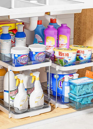 Delamu 2-Tier Multi-Purpose Bathroom Under Sink Organizers and Storage, Stackable Kitchen Pantry Organization, Pull Out Medicine Cabinet Organizer with Movable Dividers, Grey, 2 Pack