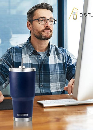 D·S 30 oz Navy Tumbler Stainless Steel Double Wall Vacuum Insulated Mug with Straw and Lid, Cleaning Brush for Cold and Hot Beverages