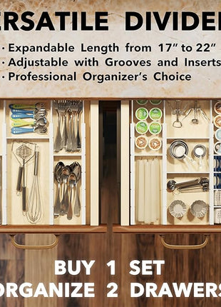 SpaceAid Bamboo Drawer Dividers with Inserts and Labels, Kitchen Adjustable Drawer Organizers, Expandable Organization for Home, Office, Dressers, 7 Dividers with 15 Inserts (17"-22" White)