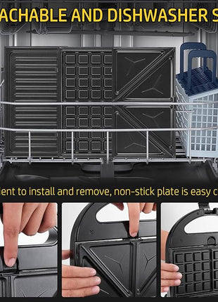 OSTBA 3 in 1 Sandwich Maker Panini Press Waffle Iron Set with 3 Removable Non-Stick Plates, 750 W Toaster Perfect for Sandwiches Grilled Cheese Steak, Black