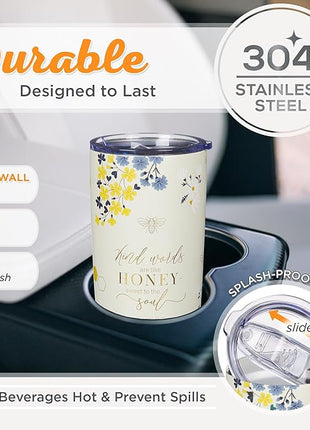 Christian Art Gifts Stainless Steel Scripture Tumbler Travel Mug for Women: Kind Words Bible Verse, Cute Bumble Bee, Double-wall Vacuum Insulated, Lid, Hot/Cold, Creamy White Multicolor Floral, 18oz.