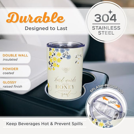 Christian Art Gifts Stainless Steel Scripture Tumbler Travel Mug for Women: Kind Words Bible Verse, Cute Bumble Bee, Double-wall Vacuum Insulated, Lid, Hot/Cold, Creamy White Multicolor Floral, 18oz.