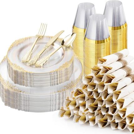 350PCS Clear Plastic Plates for 50 Guests, Disposable Dinnerware Sets Include 50 Gold Rim Plastic Plates, 25 Silverwares, 25 Cups, and 25 Pre Rolled Napkins for Party, Wedding and Graduation