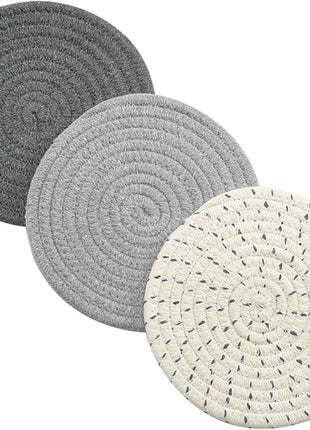 Potholders Set Trivets Set 100% Pure Cotton Thread Weave Hot Pot Holders Set (Set of 3) Stylish Coasters, Hot Pads, Hot Mats,Spoon Rest For Cooking and Baking by Diameter 7 Inches (Gray)