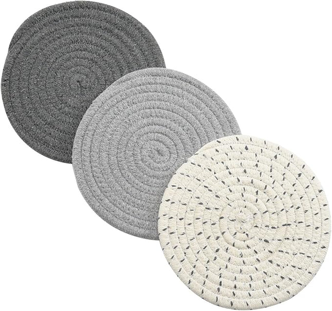 Potholders Set Trivets Set 100% Pure Cotton Thread Weave Hot Pot Holders Set (Set of 3) Stylish Coasters, Hot Pads, Hot Mats,Spoon Rest For Cooking and Baking by Diameter 7 Inches (Gray)