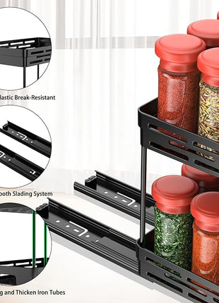 Pull Out Spice Rack Organizer for Cabinet, 2 Pack Widen Slide Out Spice Racks Organizer, Spice Cabinet Organizers, Cabinet Size Need:12'' Highx11'' Deepx6.75'' Wide,Hold 15 Spice Jar Each Tier-2Tier