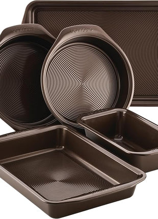 Circulon Nonstick Bakeware Set with Nonstick Cookie Sheet, Bread Pan, Bakings Pan and Cake Pans - 5 Piece, Chocolate Brown