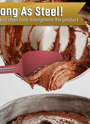 Premium 600F Heat Resistant Silicone Spatula 2 Set Sturdy Handle Created for Cooking, Baking and Mixing, One Piece Design, Non-Stick, Strong Stainless Steel Core (Red Dahlia)