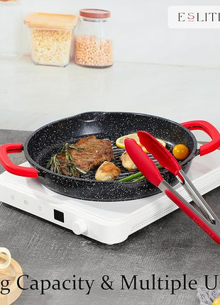 ESLITE LIFE Nonstick Grill Pan for Indoor Cooking, Versatile Induction Square Large Grilling Skillet Steak Pan for Stove Tops, PTFE & PFOA Free (Black, 11" w/Round & Lid & Tongs)