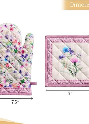 Maison d' Hermine 100% Cotton Oven Mitt & Pot Holder Set (7.5"x13" & 8"x8") Heat Resistant BBQ Cooking Gloves with Loop, Baking, Grilling, Kitchen, Handling Hot Pans Spring/Summer (Chardon)