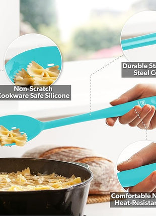 DI ORO Silicone Cooking Spoons - Large Mixing, Serving & Stirring - 600F Heat-Resistant Non-Stick - Big Solid & Slotted Basting Spoons - Dishwasher Safe (2pc, Teal)