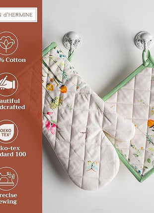 Maison d' Hermine 100% Cotton Oven Mitt & Pot Holder Set (7.5"x13" & 8"x8") Heat Resistant BBQ Cooking Gloves with Loop, Baking, Grilling, Kitchen, Handling Hot Pans Spring/Summer (Botanical Fresh)
