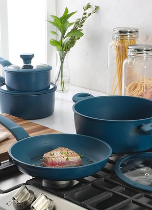 Gibson Home Helensburgh 7-Piece PFA-Free Ceramic Nonstick Carbon Steel Cookware Set – Blue Pots and Pans with Glass Lids, Saucepan, Dutch Oven, Fry Pan