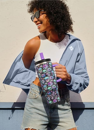 ENCOOL 40oz Halloween Tumbler with Handle and Straw, Stainless Steel Insulated Water Bottle with Straw, Leak-Proof, Cup Holder Friendly, Keeps Cold 24 H, Gifts for Women Men, Floral Afterlife
