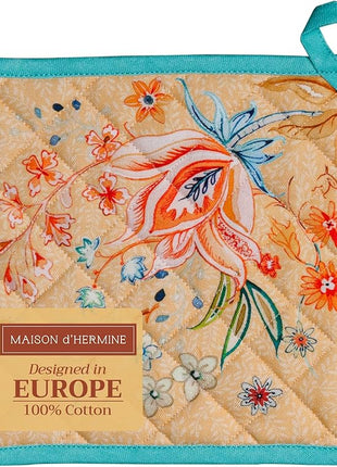 Maison d' Hermine Pot Holders 100% Cotton Heat Resistant Potholders 8" x 8" Hot Pads with Loop BBQ, Cooking, Baking, Grilling, Kitchen, Handling Hot Pans Spring/Summer (Pack of 1, Luxury Loft – Peach)