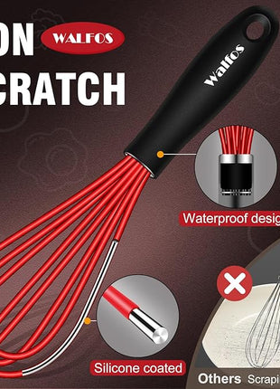 Walfos Mini Whisk Red Small whisk-Non Scatch Rubber Coated Whisk,small silicone whisk 5 & 7 inch Tiny Whisk,Nice for mixing and stirring small batches of powder and sauce in small bowl containers.2pcs