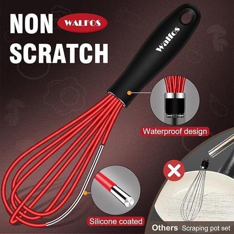 Walfos Mini Whisk Red Small whisk-Non Scatch Rubber Coated Whisk,small silicone whisk 5 & 7 inch Tiny Whisk,Nice for mixing and stirring small batches of powder and sauce in small bowl containers.2pcs