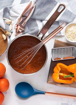 Copper and Blue Silicone Cooking Utensils Set - 17-Piece Set with Copper Utensil Holder and Measuring Cups and Spoons for Stylish Cooking and Baking - Blue Kitchen Decor, Unique Kitchen Gifts