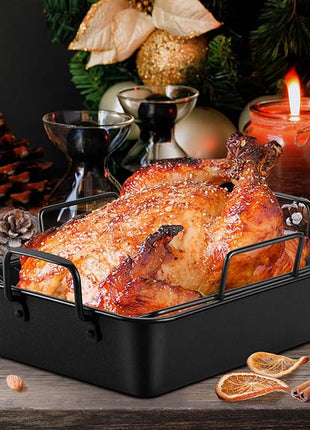 P&P CHEF 14" Roaster Roasting Pan with Baking Rack and V-shaped Rack, Stainless Steel Rectangular Lasagna Pan with Handles for Turkey Chicken, Healthy & Dishwasher Safe, 3 Pieces, Black