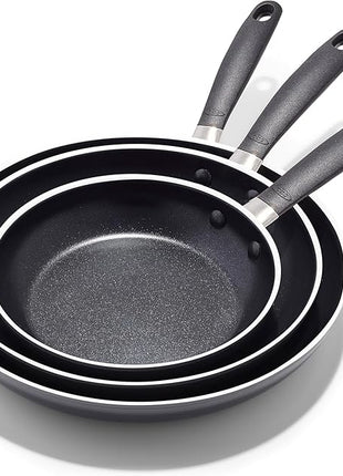 OXO 8”, 10” & 12” Non-Stick Every Day Frying Pan Set, BPA-Free Comfort Grip Silicone Handles, Dishwasher & Oven Safe, PFAS-Free Ceramic Skillets, Black