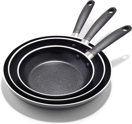 OXO 8”, 10” & 12” Non-Stick Every Day Frying Pan Set, BPA-Free Comfort Grip Silicone Handles, Dishwasher & Oven Safe, PFAS-Free Ceramic Skillets, Black