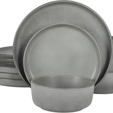 Gibson Elite Pasco 12 Piece (Service for 4) Plates and Bowls Reactive Glaze Dishes Stoneware Ceramic Dinnerware Set - Grey