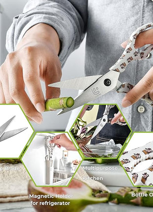 Linoroso Kitchen Scissors Heavy Duty Kitchen Shears with Magnetic Holder Made with Japanese Steel 4034, Multipurpose Ultra Sharp Cooking Scissors for Meat/Vegetables/BBQ/Herbs/Pizza (Graphic,Cow)