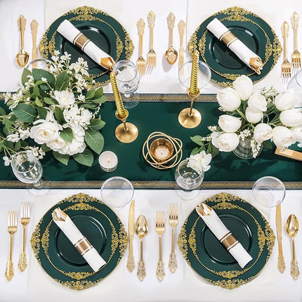 Nervure 350PCS Green Plastic Plates - Green Gold Plastic Dinnerware Sets for 50 Guests - 100 Disposable Plates, 150 Gold Silverware, 50 Cups, 50 Napkins Perfect for Wedding & Party