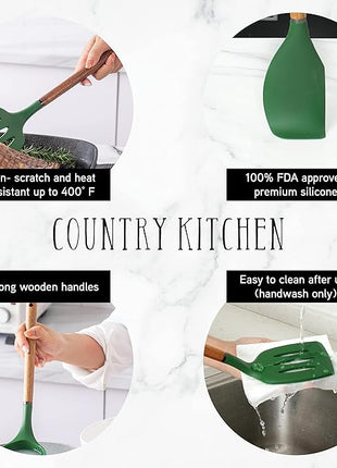 Country Kitchen Non Stick Silicone Utensil Set with Rounded Wood Handles for Cooking and Baking, 8 Piece Set, Green