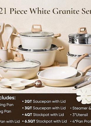 CAROTE 21Pcs Pots and Pans Set, Nonstick Cookware Sets, White Granite Induction Cookware Non Stick Cooking Set w/Frying Pans & Saucepans(PFOS, PFOA Free)