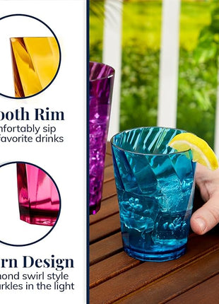 US Acrylic Optix Plastic Reusable Drinking Glasses (Set of 16) 14oz Rocks & 20oz Water Cups in Jewel Tone Colors | BPA-Free Tumblers, Made in USA | Top-Rack Dishwasher Safe