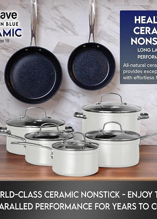 Nuwave Healthy Duralon Blue Ceramic Nonstick Cookware Set, Diamond Infused Scratch-Resistant, PFAS Free, Dishwasher & Oven Safe, Induction Ready & Evenly Heats, Tempered Glass Lids & Stay-Cool Handles