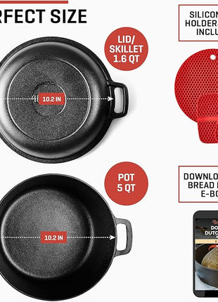 Uno Casa 2-in-1 Cast Iron Dutch Oven Large - 5 Quart Dutch Oven Pot with Lid, Pre-Seasoned Cooking Dish for Bread Baking and Stews - Heavy Duty Cast Iron Pot with Detachable Frying Pan Lid for Versatile Cooking
