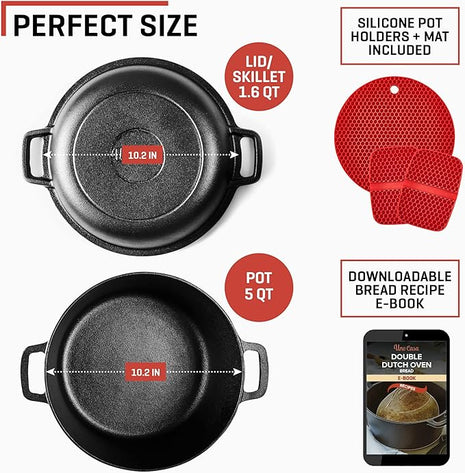 Uno Casa 2-in-1 Cast Iron Dutch Oven Large - 5 Quart Dutch Oven Pot with Lid, Pre-Seasoned Cooking Dish for Bread Baking and Stews - Heavy Duty Cast Iron Pot with Detachable Frying Pan Lid for Versatile Cooking