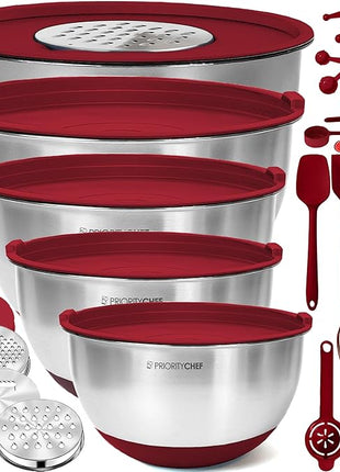 Priority Chef Stainless Steel Mixing Bowls with Lids Set, Metal Nesting Bowls with Airtight Lids, Graters, Non-Slip Base & Measurement Marks, Includes Utensil Set for Prep, Baking & Storage, Red