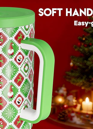 Meoky 40 oz Christmas Tumbler with Handle and Straw, Xmas Tumbler with Lid and Straw, Insulated Stainless Steel Travel Mug, Christmas Gifts for Women Men Adults (Snowy Santa)