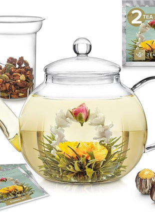 Teabloom Stovetop & Microwave Safe Glass Teapot with Removable Loose Tea Glass Infuser – Includes 2 Blooming Teas – 2-in-1 Tea Kettle and Tea Maker – Tea Purist's Choice