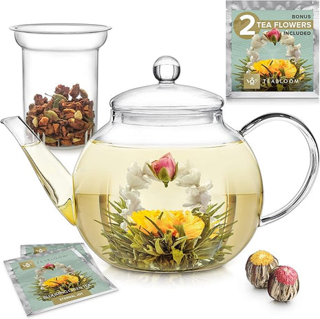 Teabloom Stovetop & Microwave Safe Glass Teapot with Removable Loose Tea Glass Infuser – Includes 2 Blooming Teas – 2-in-1 Tea Kettle and Tea Maker – Tea Purist's Choice