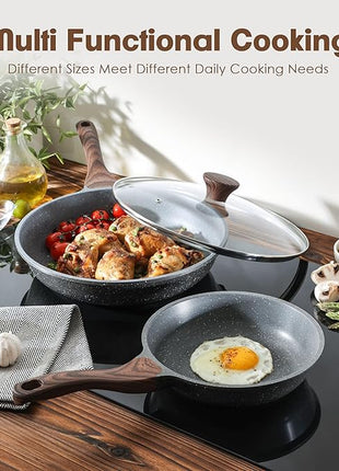 SENSARTE Nonstick Frying Pan Skillets, Swiss Granite Coating Omelette Pans, Healthy Cookware Chef's Pan, Free of Intentionally Added PFOA (8+11Inch with Lid)