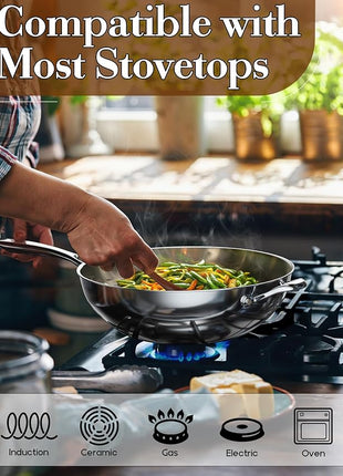 Cooks Standard Wok Pan Stainless Steel, 12-Inch Multi-Ply Clad Stir Fry Pan with Glass Lid, Induction Cookware, Silver