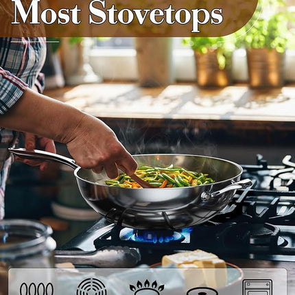 Cooks Standard Wok Pan Stainless Steel, 12-Inch Multi-Ply Clad Stir Fry Pan with Glass Lid, Induction Cookware, Silver