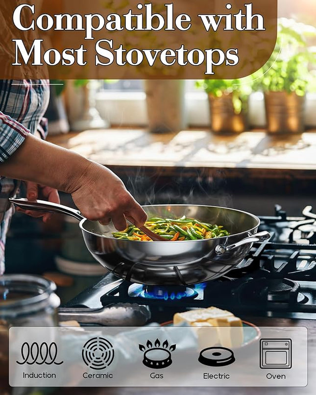 Cooks Standard Wok Pan Stainless Steel, 12-Inch Multi-Ply Clad Stir Fry Pan with Glass Lid, Induction Cookware, Silver